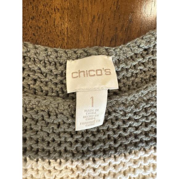 CHICOS Green White Striped Metallic Knit Color Block Sweater Size 1 Medium US 8 - Picture 4 of 8